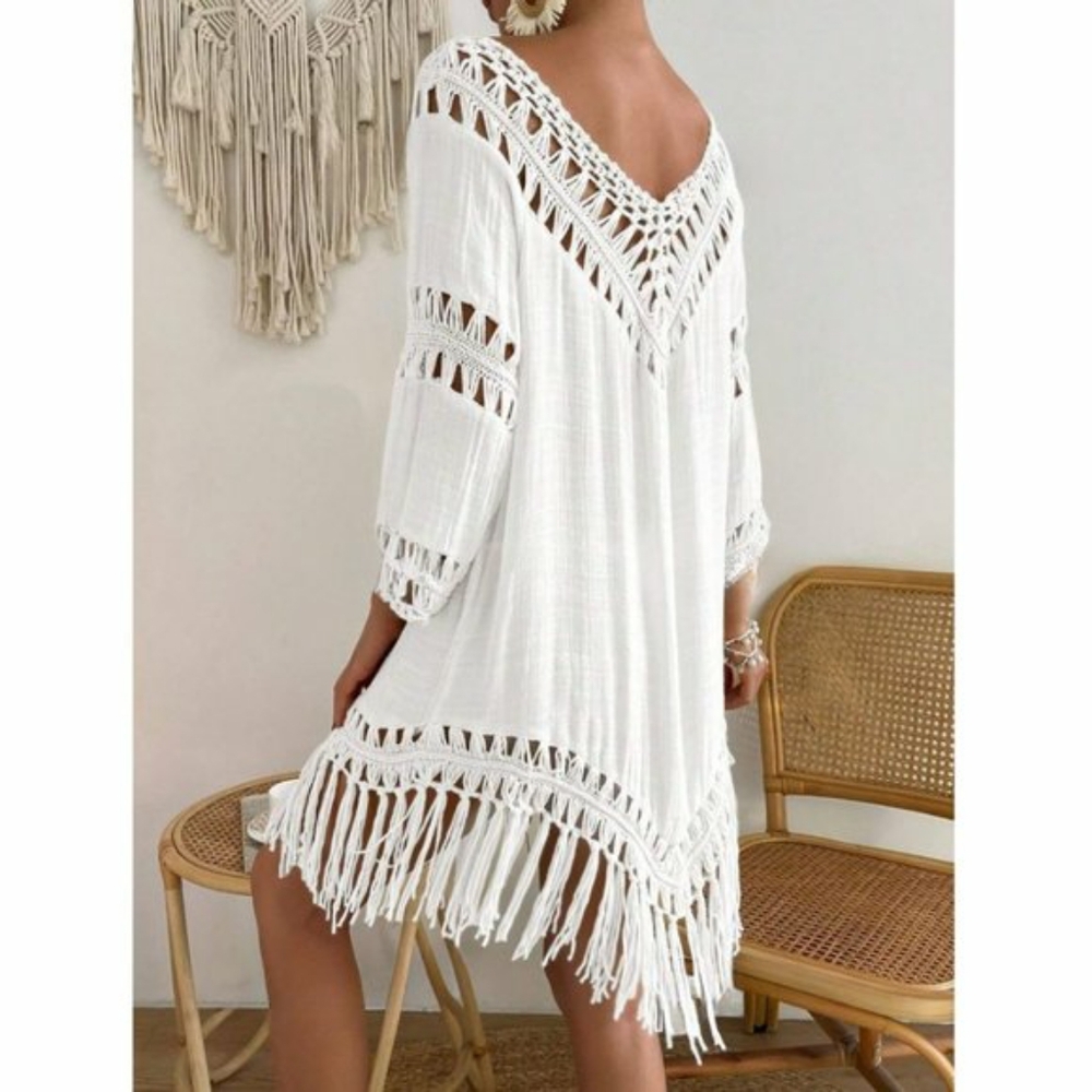 NWOT Boho Crochet Fringe Hem Cover Up Dress White large - Picture 3 of 12